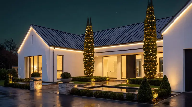 Modern white house at night with warm-white lighting picking out the flat rooflines, and two tall cypress trees wrapped in warm-white lights