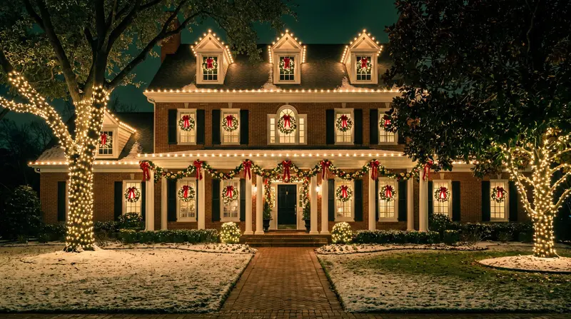 Brick colonial house at night with warm-white roofline lighting, lit wreaths with red bows in every window, garland along the porch, and light snow on the lawn
