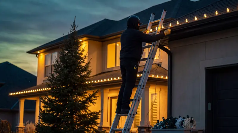 Installer on a ladder at dusk fitting a run of warm-white bulbs along a roofline, seen from behind, with coiled light strings on the ground below